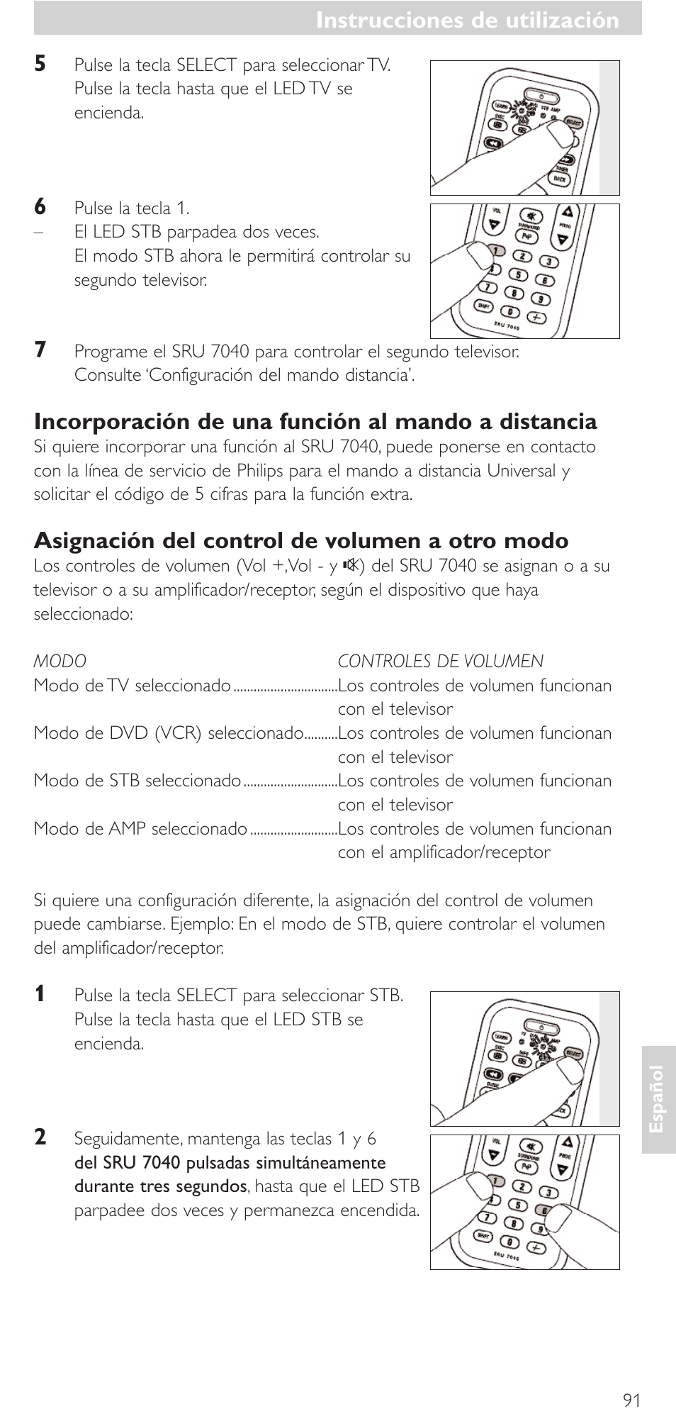 Incorporación de una función al mando a distancia, Asignación del control de volumen a otro modo, Instrucciones de utilización | Philips Mando a distancia universal User Manual | Page 91 / 132