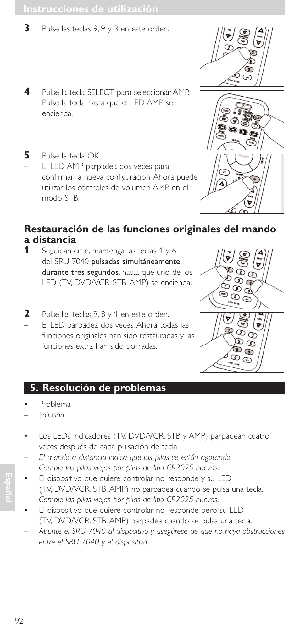 Resolución de problemas, Instrucciones de utilización | Philips Mando a distancia universal User Manual | Page 92 / 132