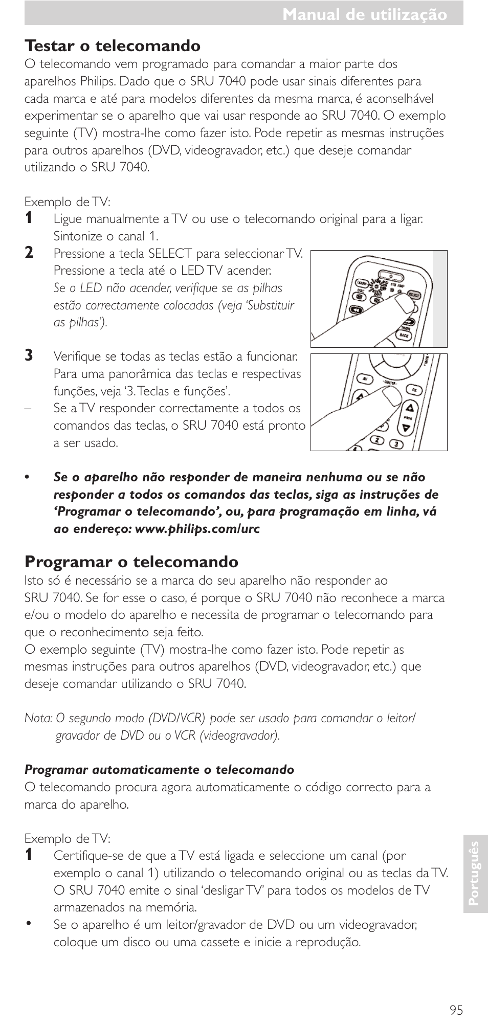 Testar o telecomando, Programar o telecomando, Manual de utilização | Philips Mando a distancia universal User Manual | Page 95 / 132