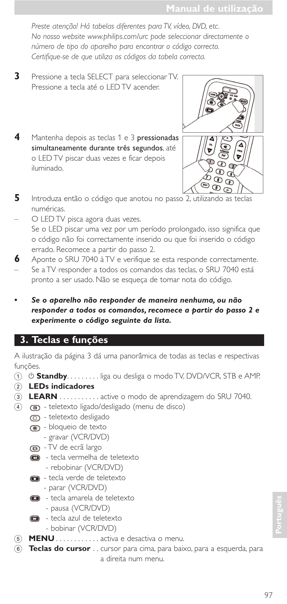 Teclas e funções, Manual de utilização | Philips Mando a distancia universal User Manual | Page 97 / 132