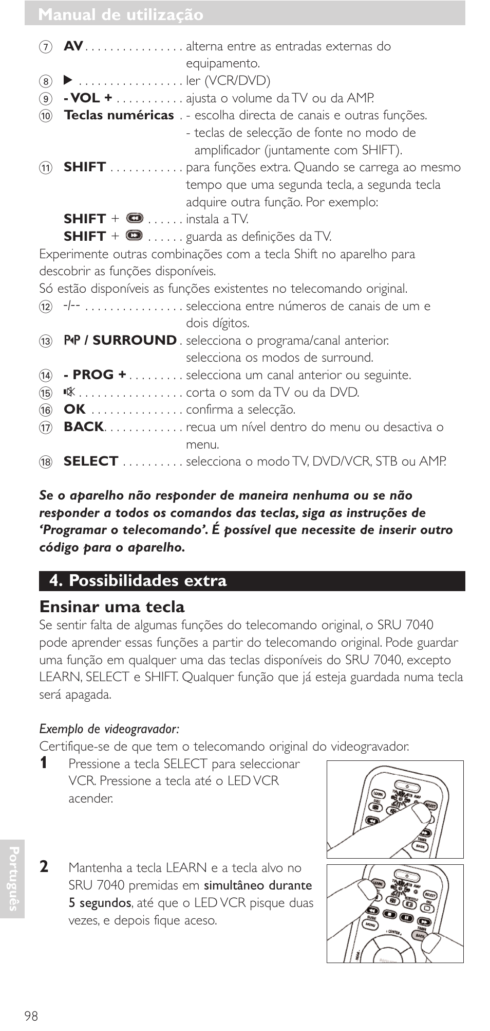 Possibilidades extra ensinar uma tecla, Manual de utilização | Philips Mando a distancia universal User Manual | Page 98 / 132