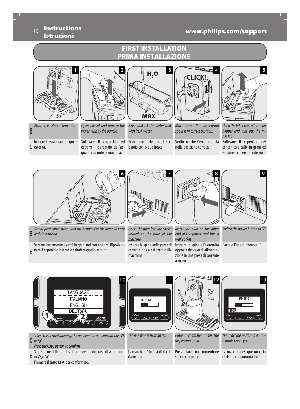 First installation prima installazione click, Omax | Philips Saeco Exprelia Cafetera expreso súper automática User Manual | Page 10 / 60