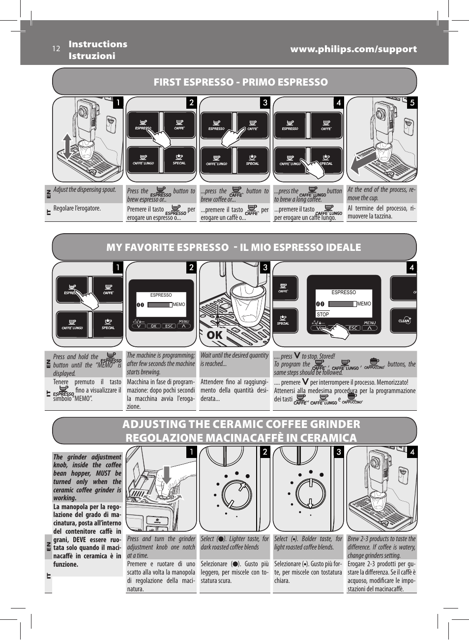 First espresso, Primo espresso, My favorite espresso | Il mio espresso ideale | Philips Saeco Exprelia Cafetera expreso súper automática User Manual | Page 12 / 60