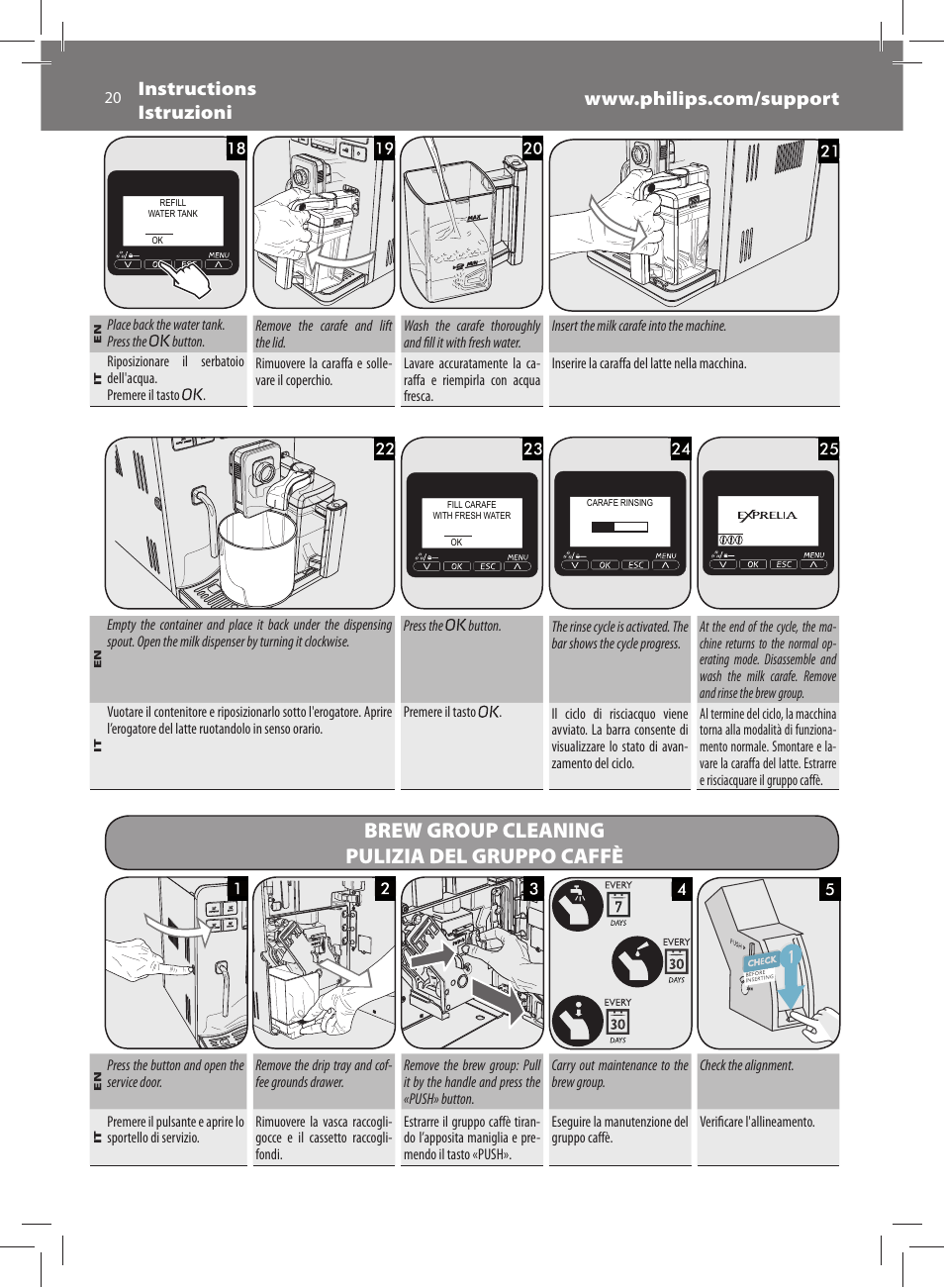 Brew group cleaning pulizia del gruppo caffè | Philips Saeco Exprelia Cafetera expreso súper automática User Manual | Page 20 / 60