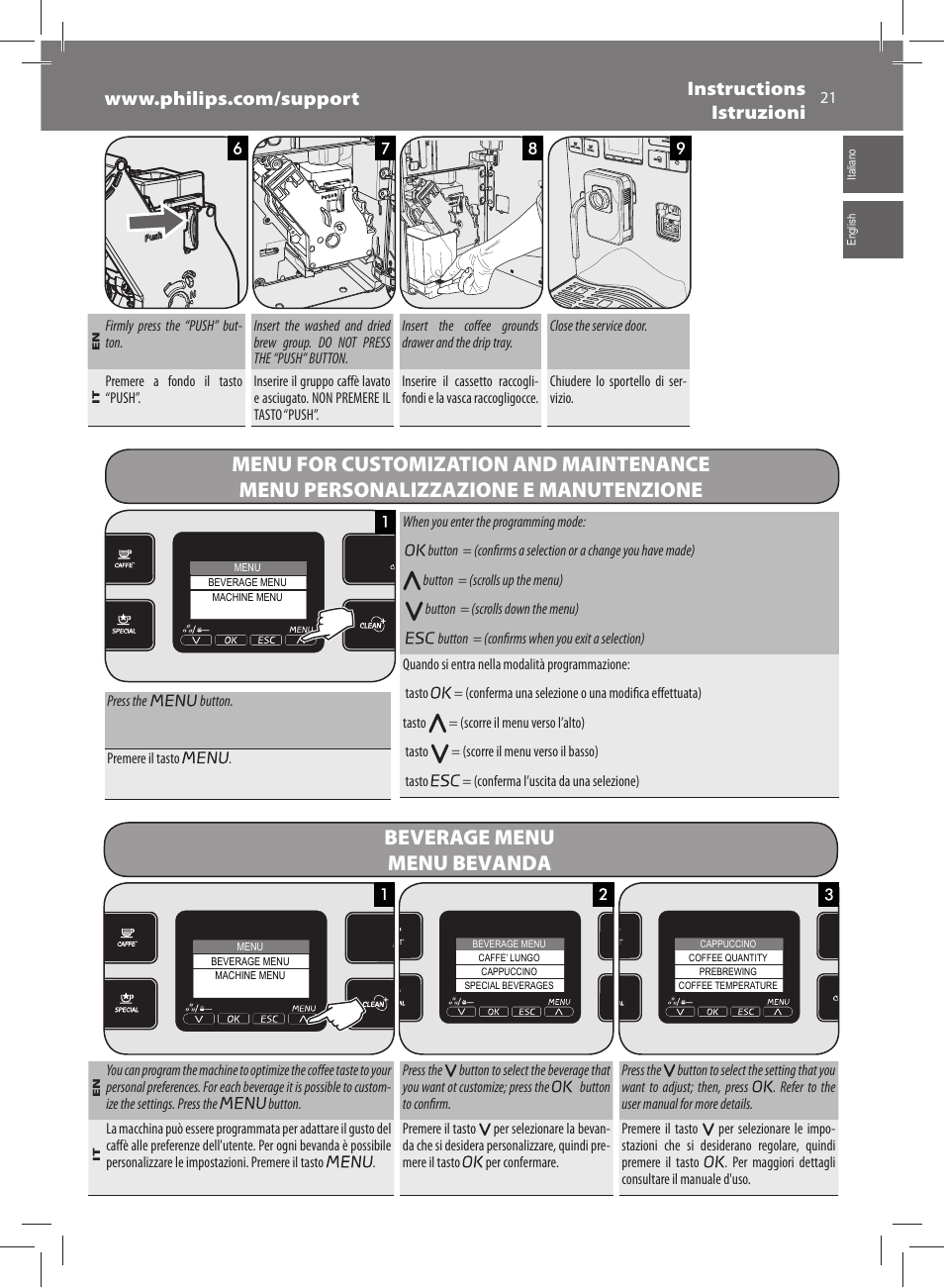 Beverage menu menu bevanda | Philips Saeco Exprelia Cafetera expreso súper automática User Manual | Page 21 / 60