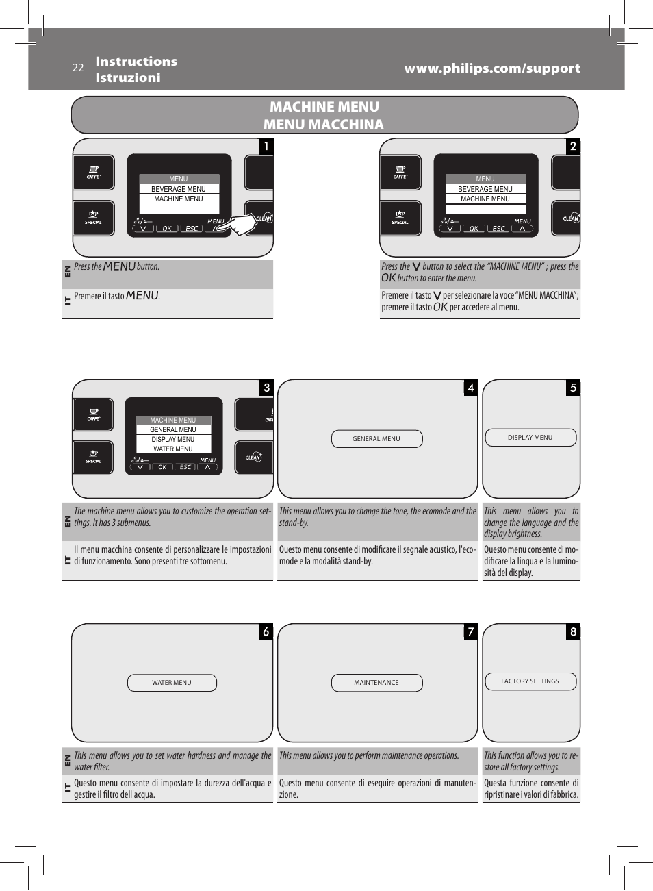 Machine menu menu macchina | Philips Saeco Exprelia Cafetera expreso súper automática User Manual | Page 22 / 60