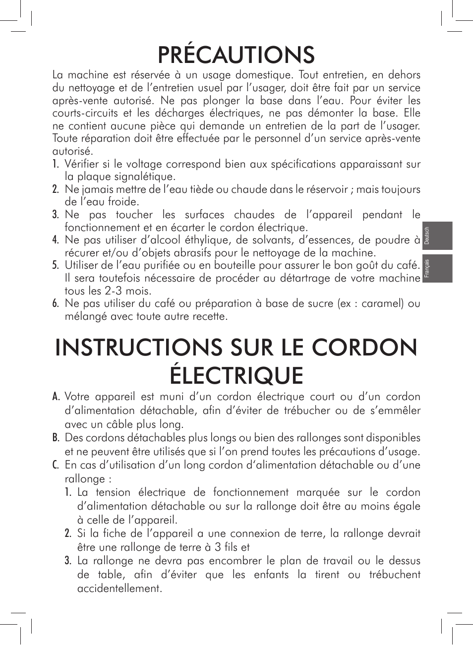 Précautions, Instructions sur le cordon électrique | Philips Saeco Exprelia Cafetera expreso súper automática User Manual | Page 25 / 60