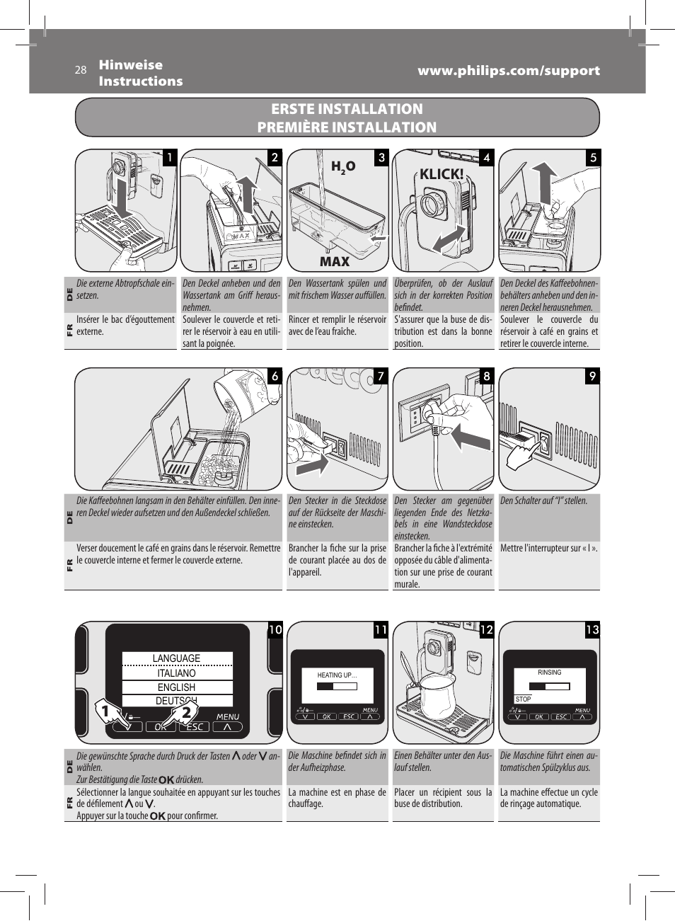 Erste installation première installation klick, Omax | Philips Saeco Exprelia Cafetera expreso súper automática User Manual | Page 28 / 60