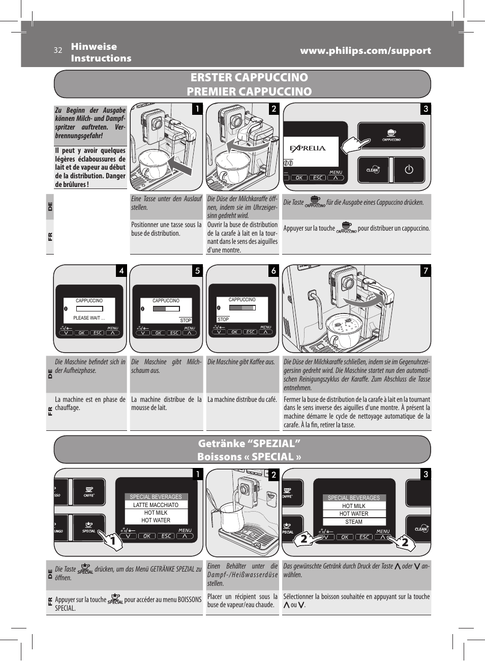 Erster cappuccino premier cappuccino, Getränke “spezial, Boissons « special | Philips Saeco Exprelia Cafetera expreso súper automática User Manual | Page 32 / 60