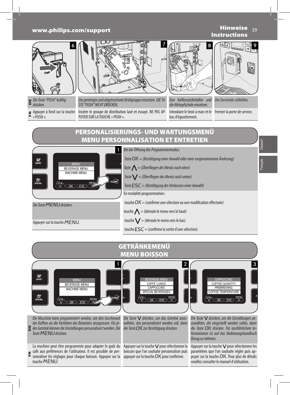 Getränkemenü menu boisson | Philips Saeco Exprelia Cafetera expreso súper automática User Manual | Page 39 / 60