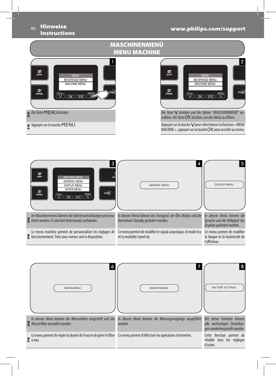 Maschinenmenü menu machine | Philips Saeco Exprelia Cafetera expreso súper automática User Manual | Page 40 / 60