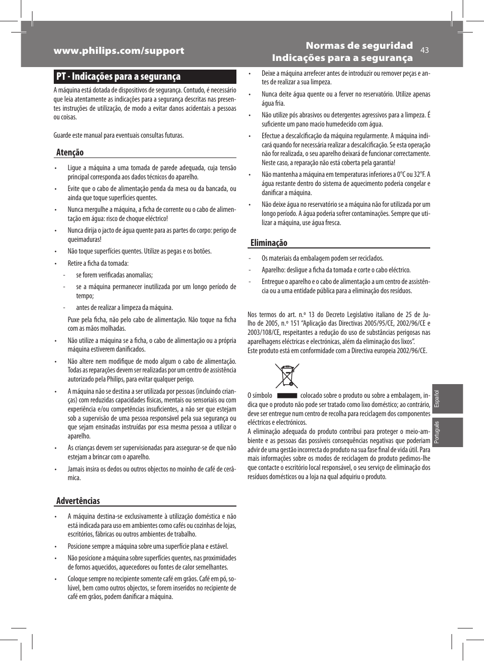 Pt - indicações para a segurança, Atenção, Advertências | Eliminação | Philips Saeco Exprelia Cafetera expreso súper automática User Manual | Page 43 / 60