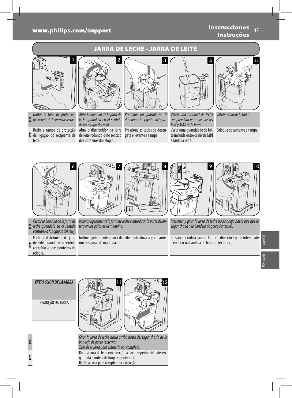 Jarra de leche - jarra de leite | Philips Saeco Exprelia Cafetera expreso súper automática User Manual | Page 47 / 60