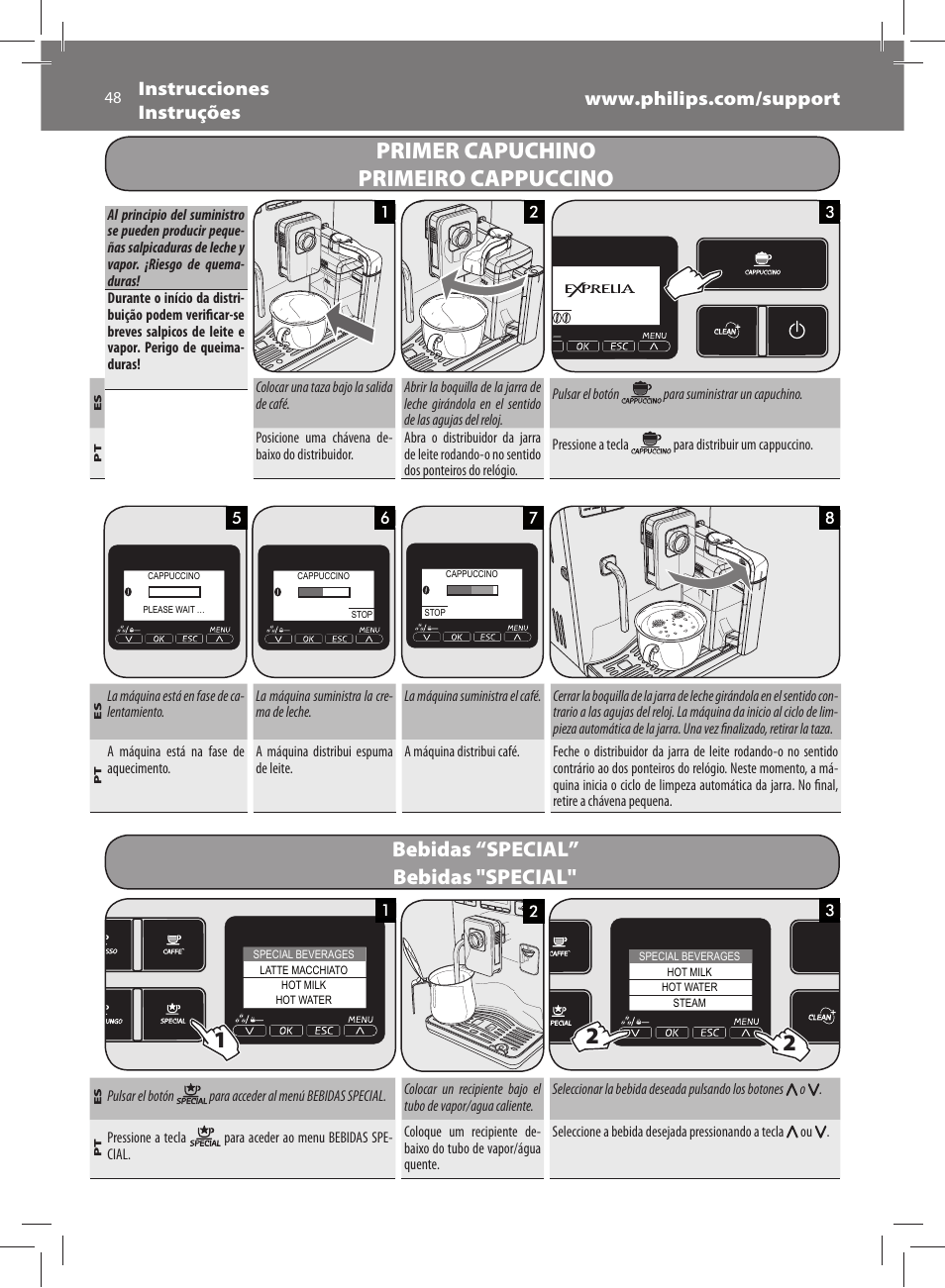 Primer capuchino primeiro cappuccino, Bebidas “special, Bebidas "special | Philips Saeco Exprelia Cafetera expreso súper automática User Manual | Page 48 / 60