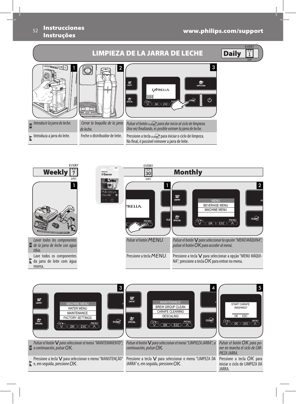 Limpieza de la jarra de leche, Monthly weekly daily | Philips Saeco Exprelia Cafetera expreso súper automática User Manual | Page 52 / 60