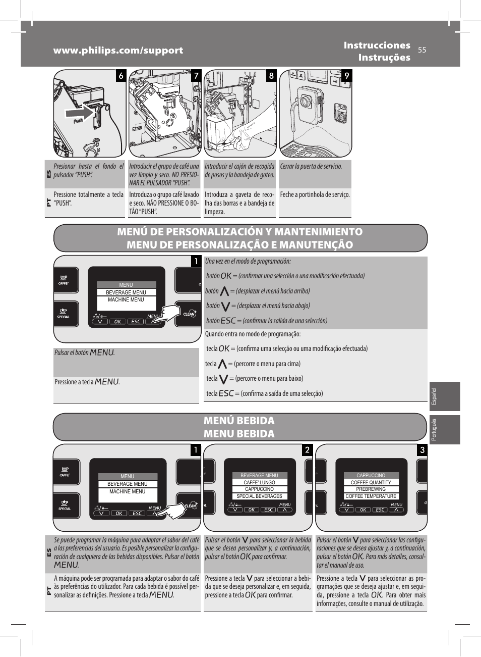 Menú bebida menu bebida | Philips Saeco Exprelia Cafetera expreso súper automática User Manual | Page 55 / 60