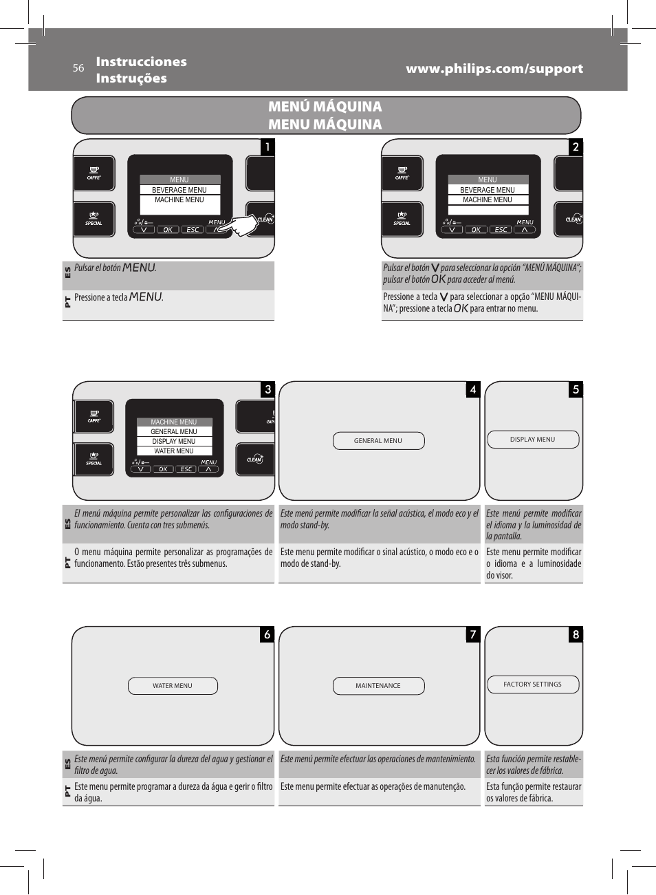 Menú máquina menu máquina | Philips Saeco Exprelia Cafetera expreso súper automática User Manual | Page 56 / 60