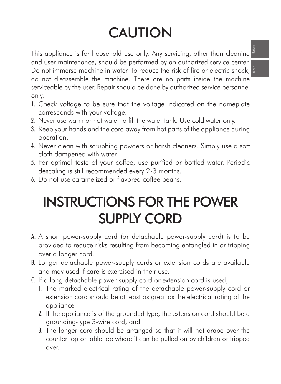 Caution, Instructions for the power supply cord | Philips Saeco Exprelia Cafetera expreso súper automática User Manual | Page 7 / 60
