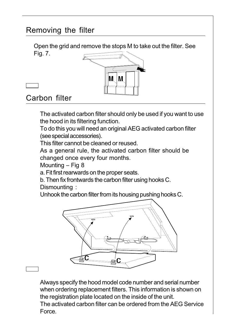 Removing the filter, Carbon filter | AEG 222D User Manual | Page 15 / 20