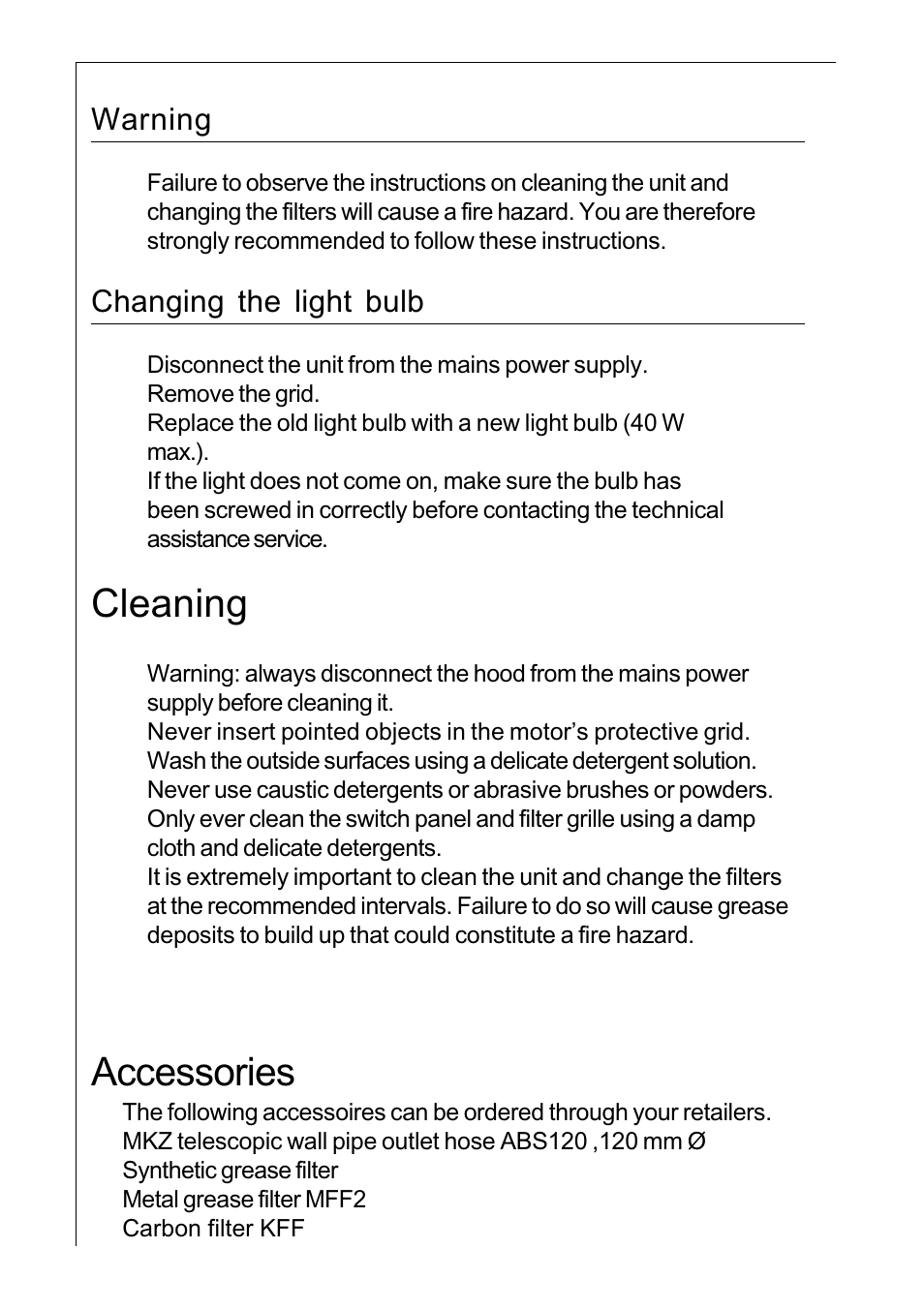 Warning, Changing the light bulb, Cleaning | Accessories | AEG 222D User Manual | Page 16 / 20