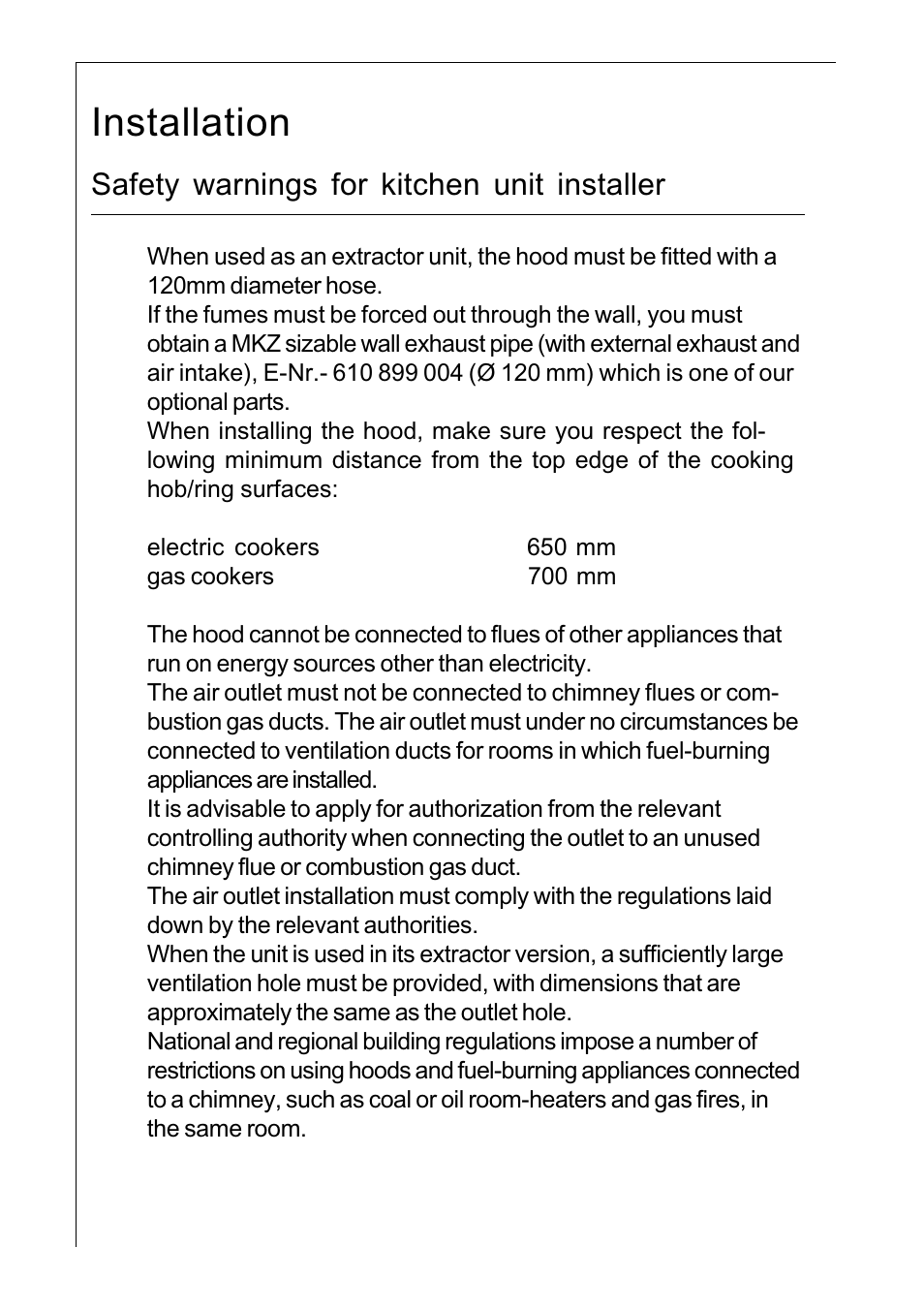 Installation, Safety warnings for kitchen unit installer | AEG 222D User Manual | Page 8 / 20