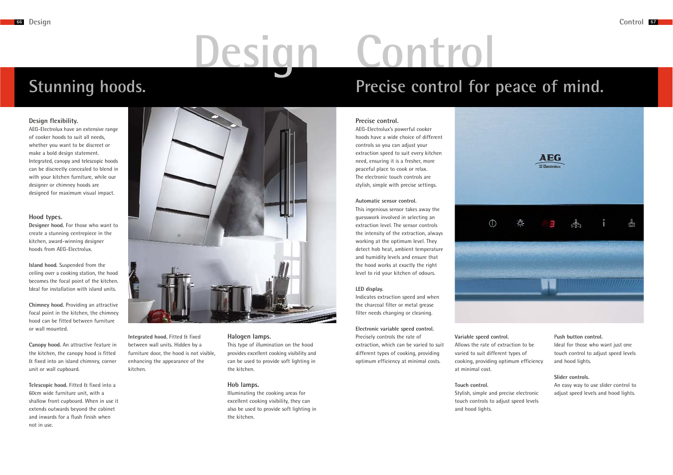 Desi g n control, Stunning hoods. precise control for peace of mind | AEG 65 User Manual | Page 2 / 8