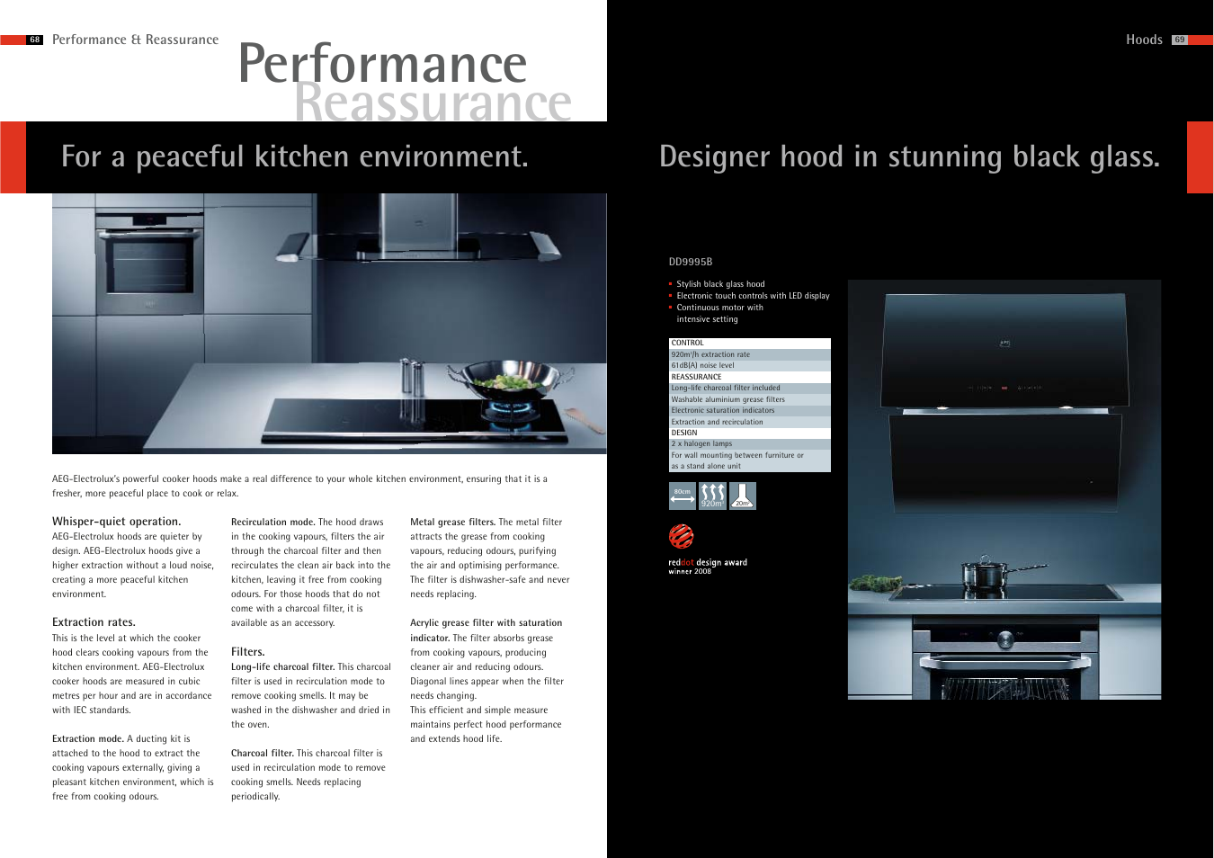 Reassurance performance, Designer hood in stunning black glass, For a peaceful kitchen environment | AEG 65 User Manual | Page 3 / 8