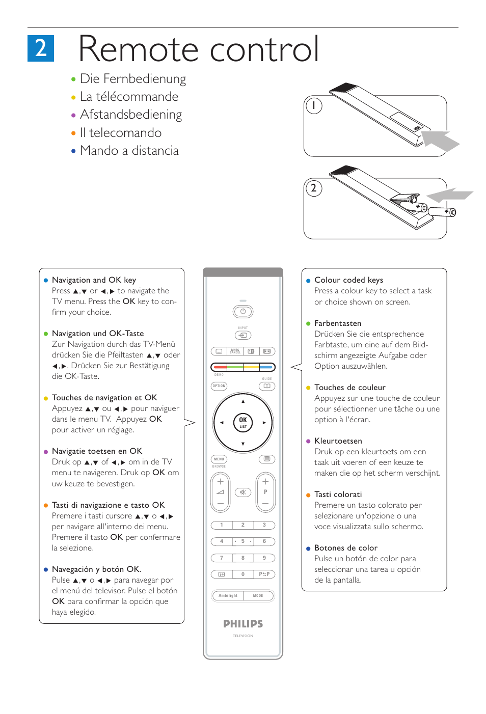 Remote control, Il telecomando mando a distancia | Philips TV LCD User Manual | Page 4 / 12