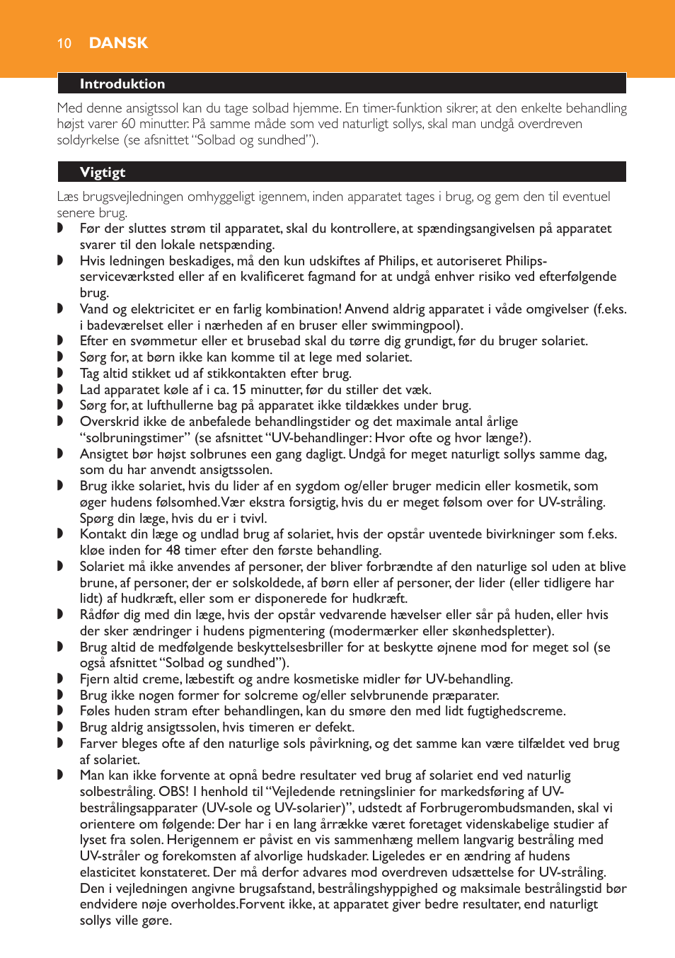 Dansk, Introduktion, Vigtigt | Philips Solárium facial User Manual | Page 10 / 56