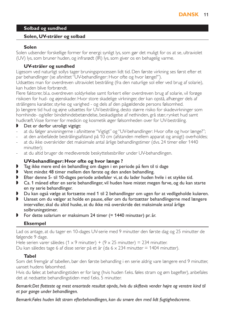 Solbad og sundhed, Solen, uv-stråler og solbad, Solen | Uv-stråler og sundhed, Uv-behandlinger: hvor ofte og hvor længe, Eksempel, Tabel | Philips Solárium facial User Manual | Page 11 / 56