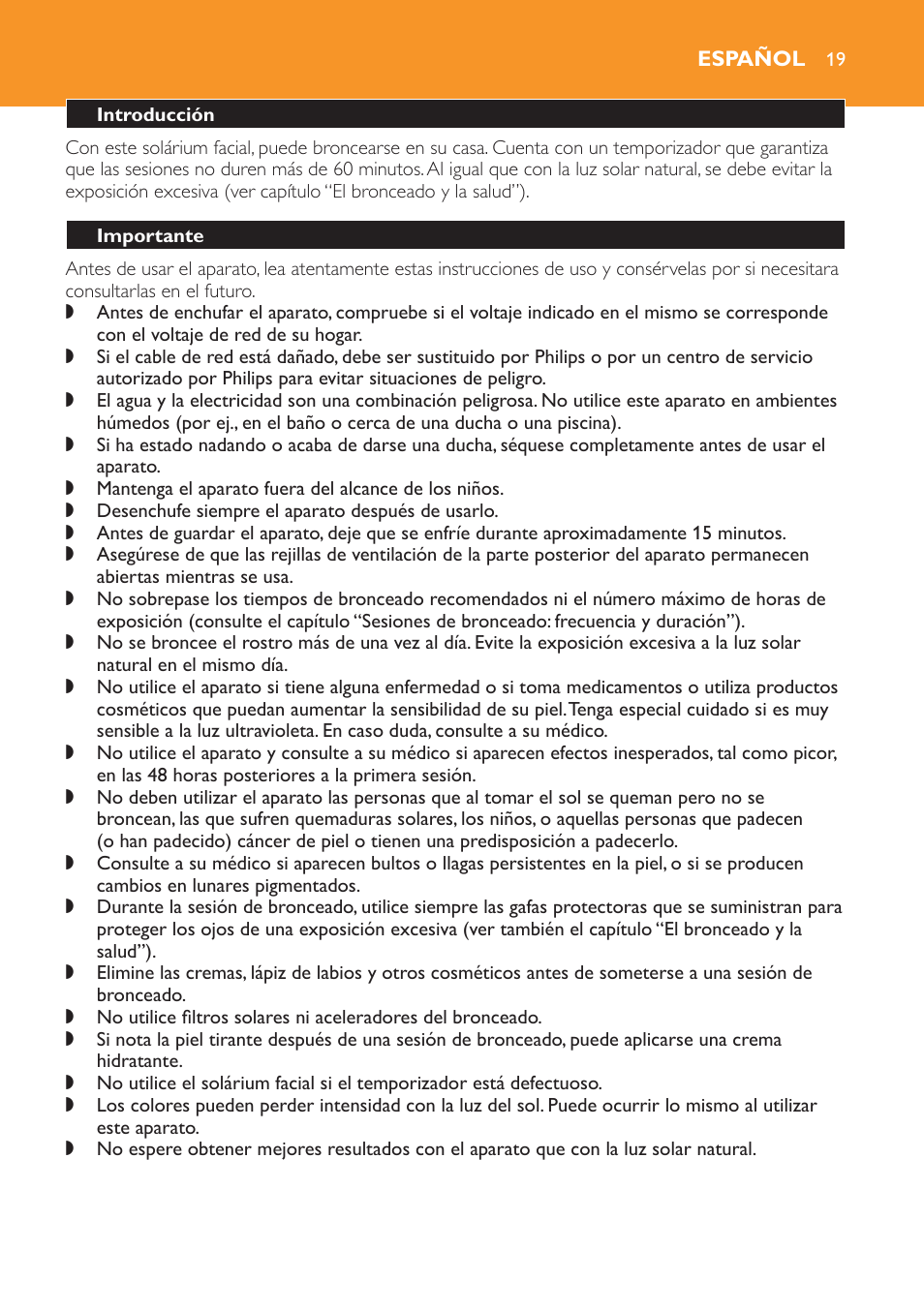 Español, Introducción, Importante | Philips Solárium facial User Manual | Page 19 / 56