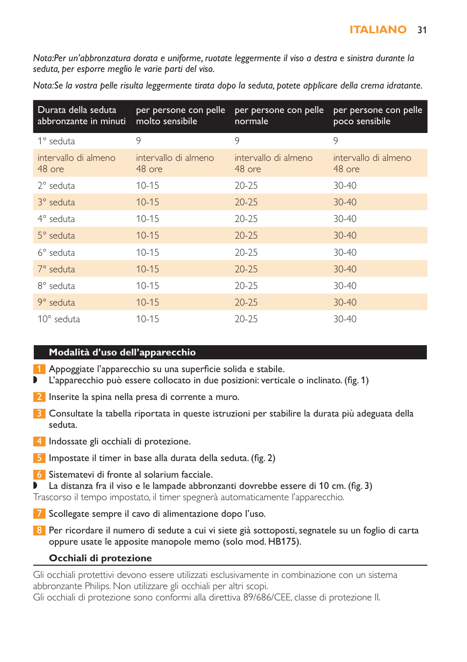 Modalità d’uso dell’apparecchio, Occhiali di protezione | Philips Solárium facial User Manual | Page 31 / 56