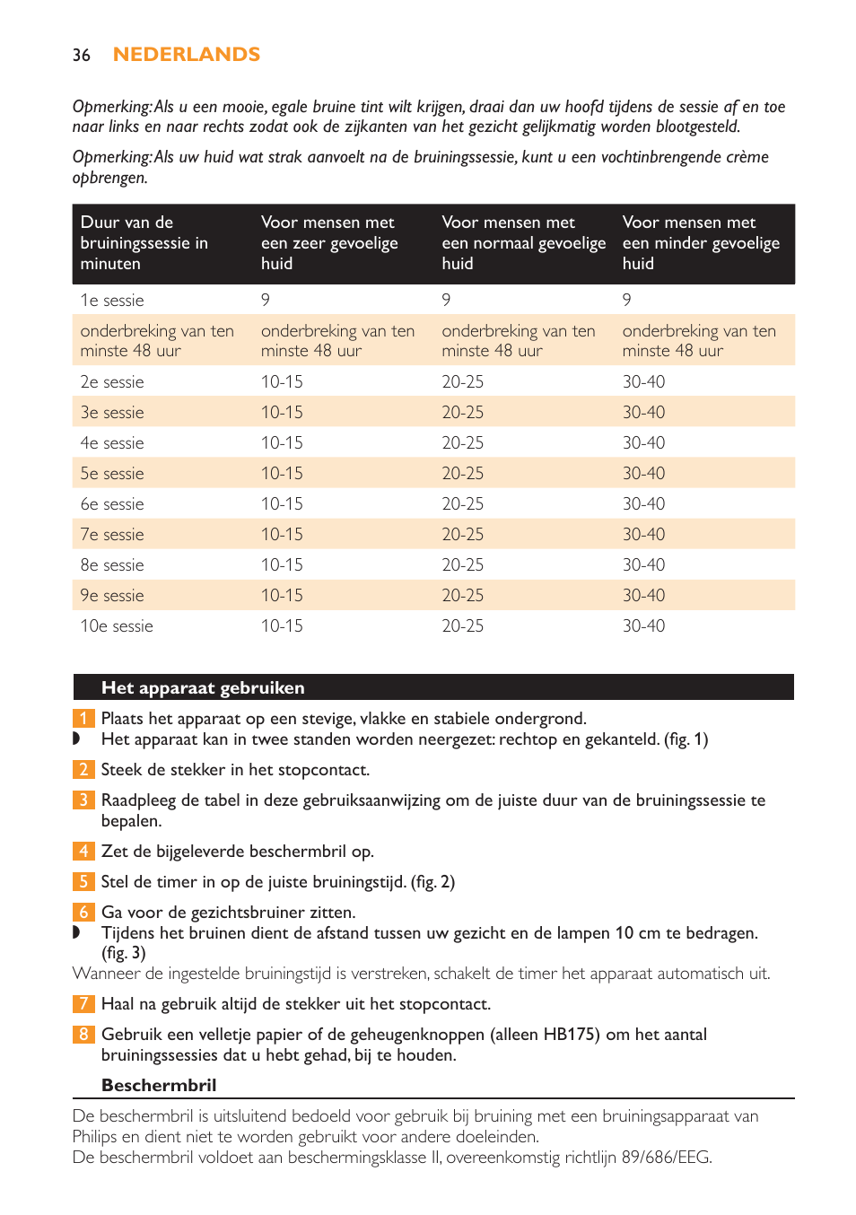 Het apparaat gebruiken, Beschermbril | Philips Solárium facial User Manual | Page 36 / 56