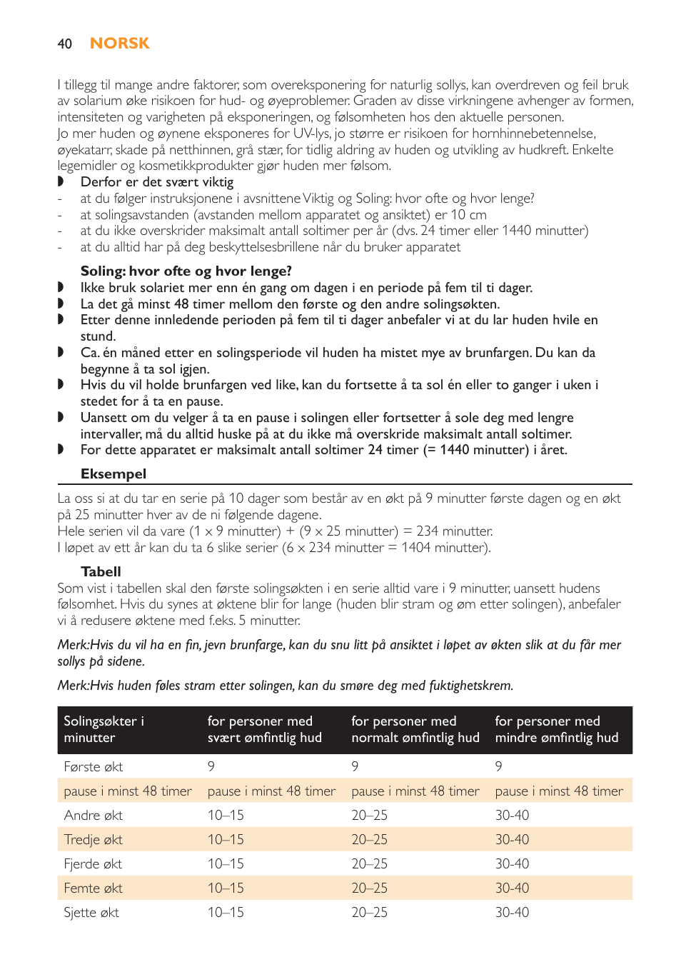 Soling: hvor ofte og hvor lenge, Eksempel, Tabell | Philips Solárium facial User Manual | Page 40 / 56