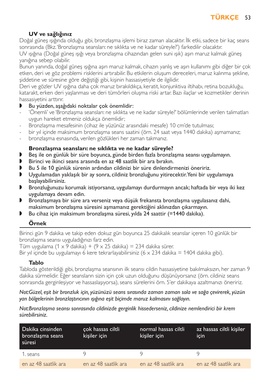 Uv ve sağlığınız, Örnek, Tablo | Philips Solárium facial User Manual | Page 53 / 56