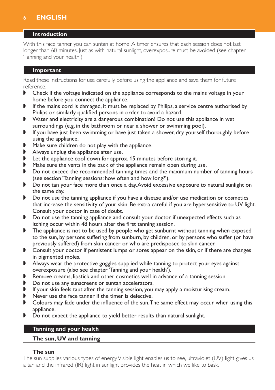 English, Introduction, Important | Tanning and your health, The sun, uv and tanning, The sun, Uv and your health | Philips Solárium facial User Manual | Page 6 / 56