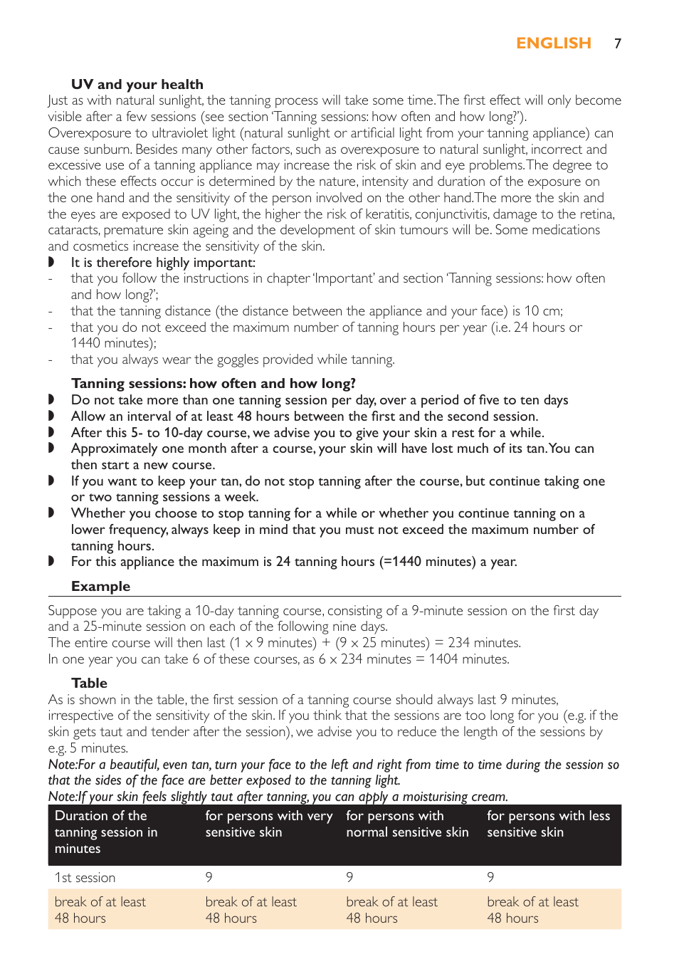 Tanning sessions: how often and how long, Example, Table | Philips Solárium facial User Manual | Page 7 / 56