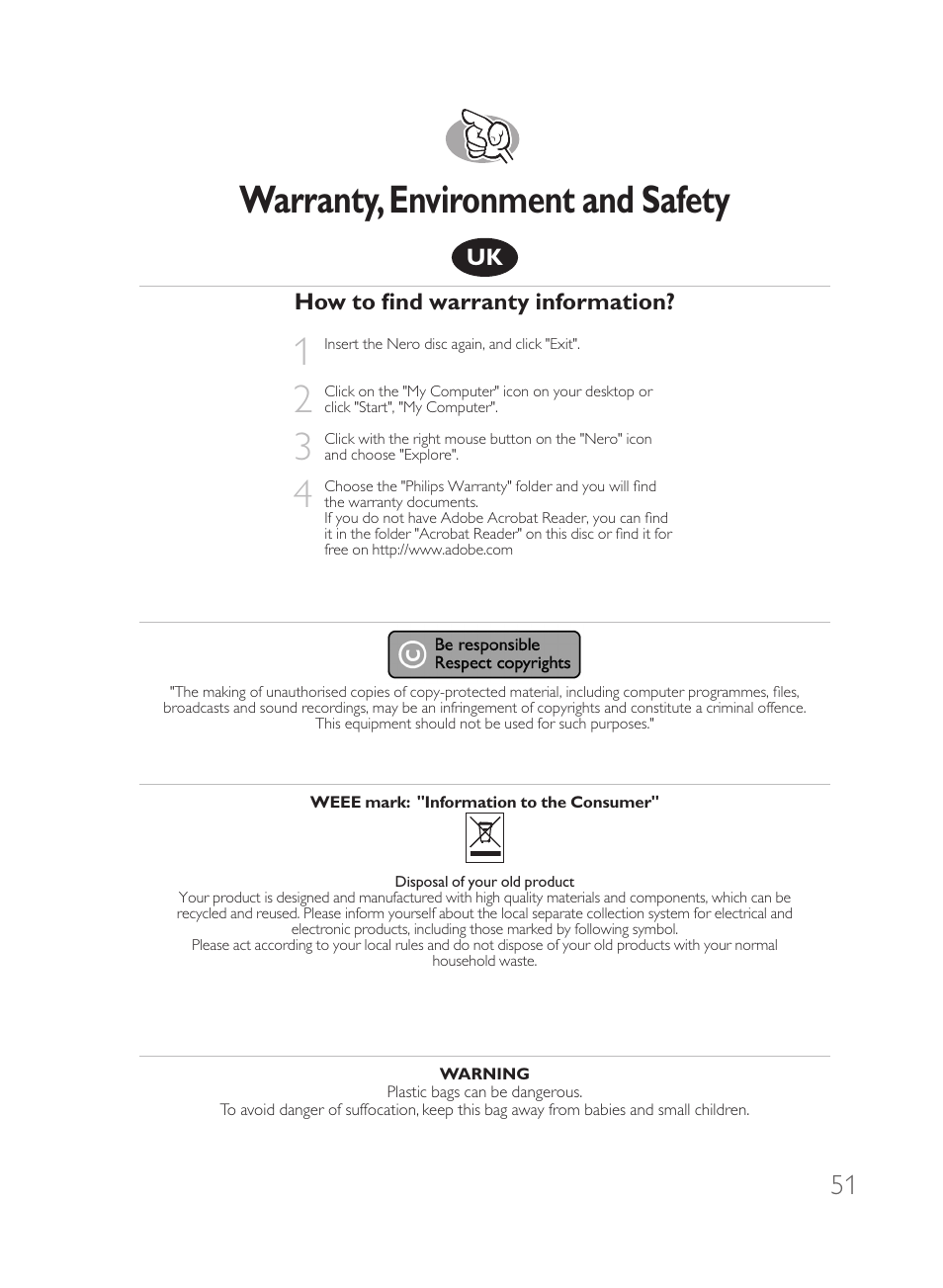 Warranty,environment and safety | Philips Disco duro externo User Manual | Page 51 / 68