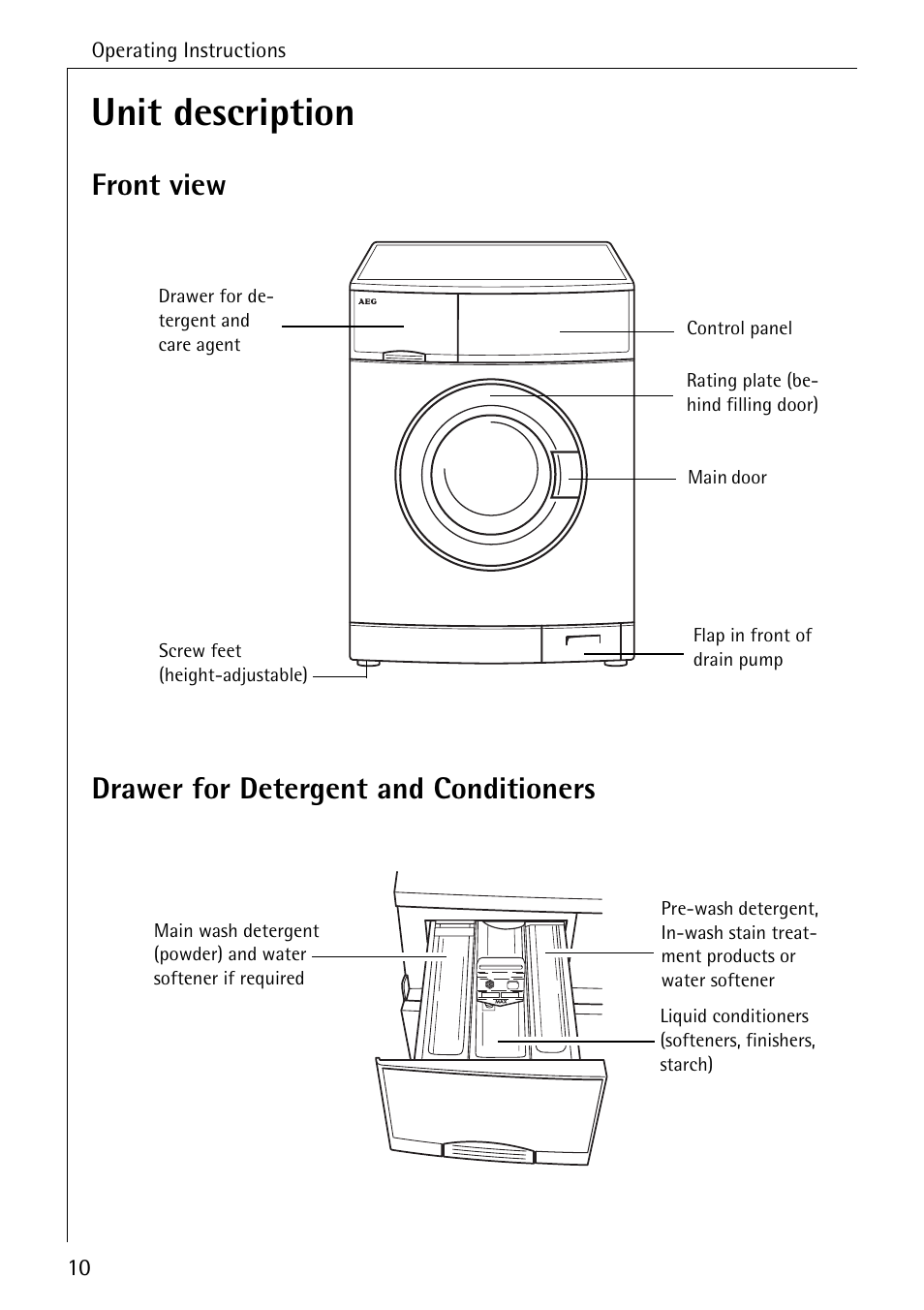 Unit description, Front view drawer for detergent and conditioners | AEG LAVAMAT W 857 User Manual | Page 10 / 52