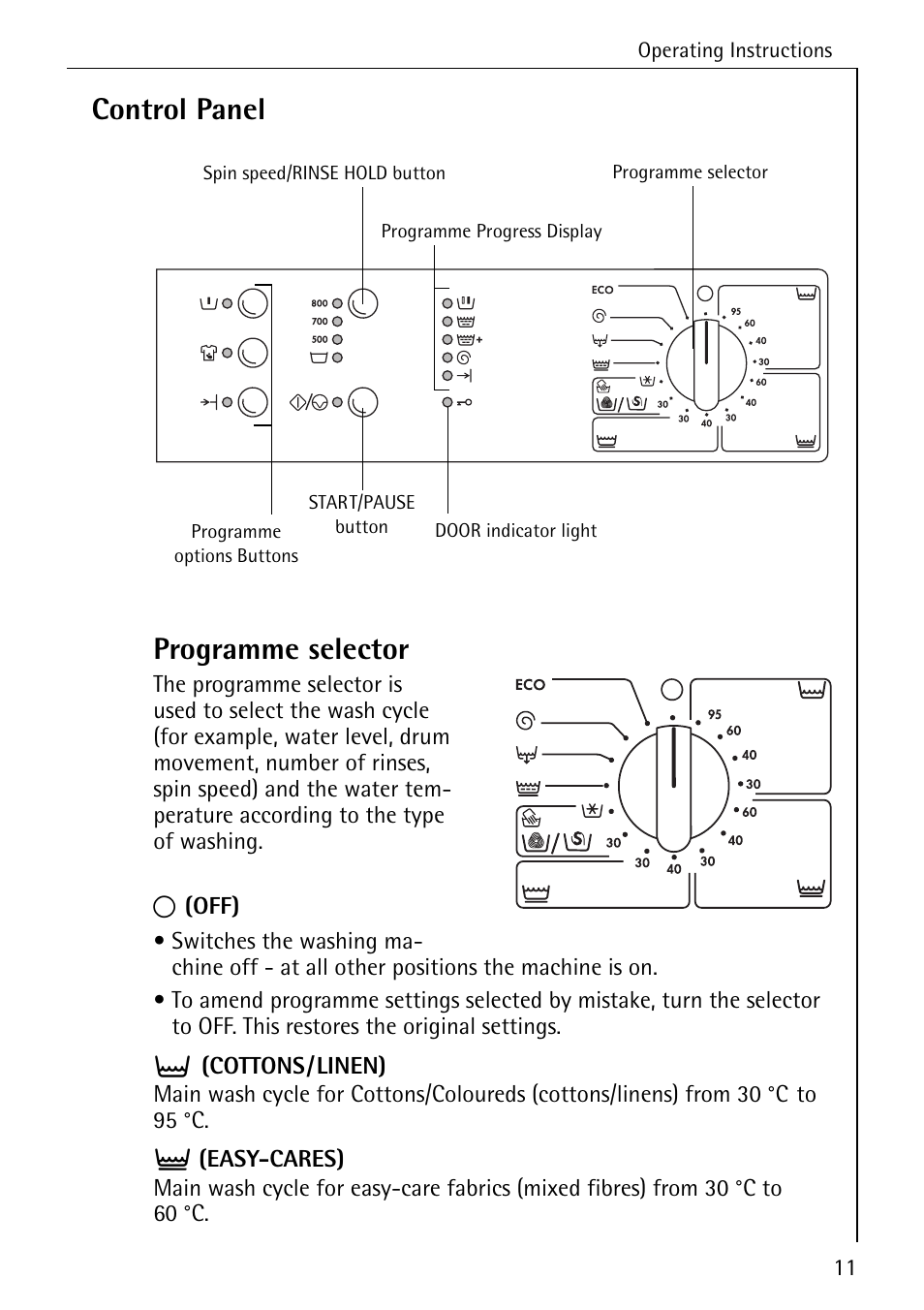 Control panel programme selector | AEG LAVAMAT W 857 User Manual | Page 11 / 52