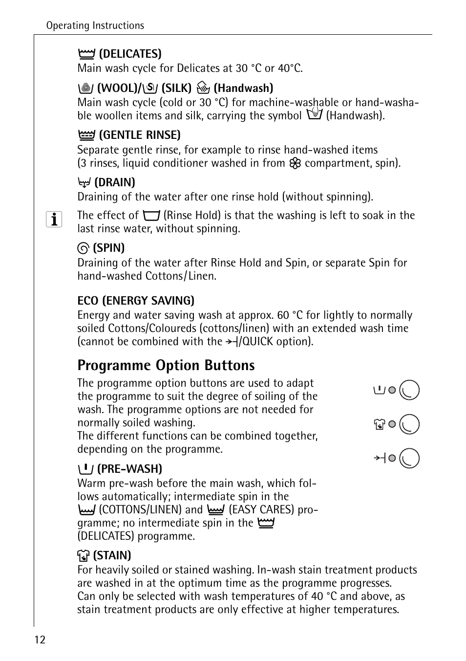 Programme option buttons | AEG LAVAMAT W 857 User Manual | Page 12 / 52