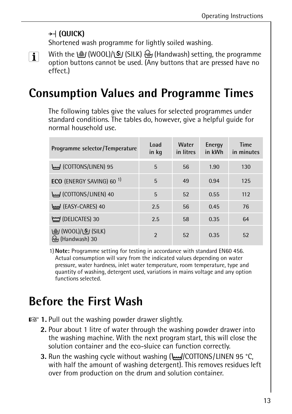 Consumption values and programme times, Before the first wash | AEG LAVAMAT W 857 User Manual | Page 13 / 52