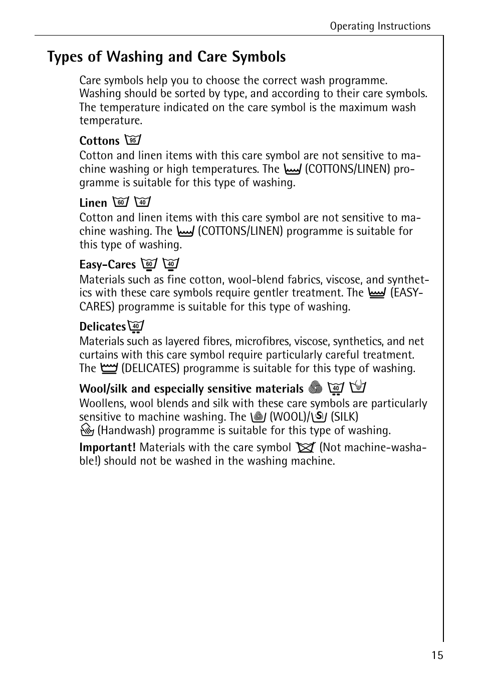 Types of washing and care symbols | AEG LAVAMAT W 857 User Manual | Page 15 / 52