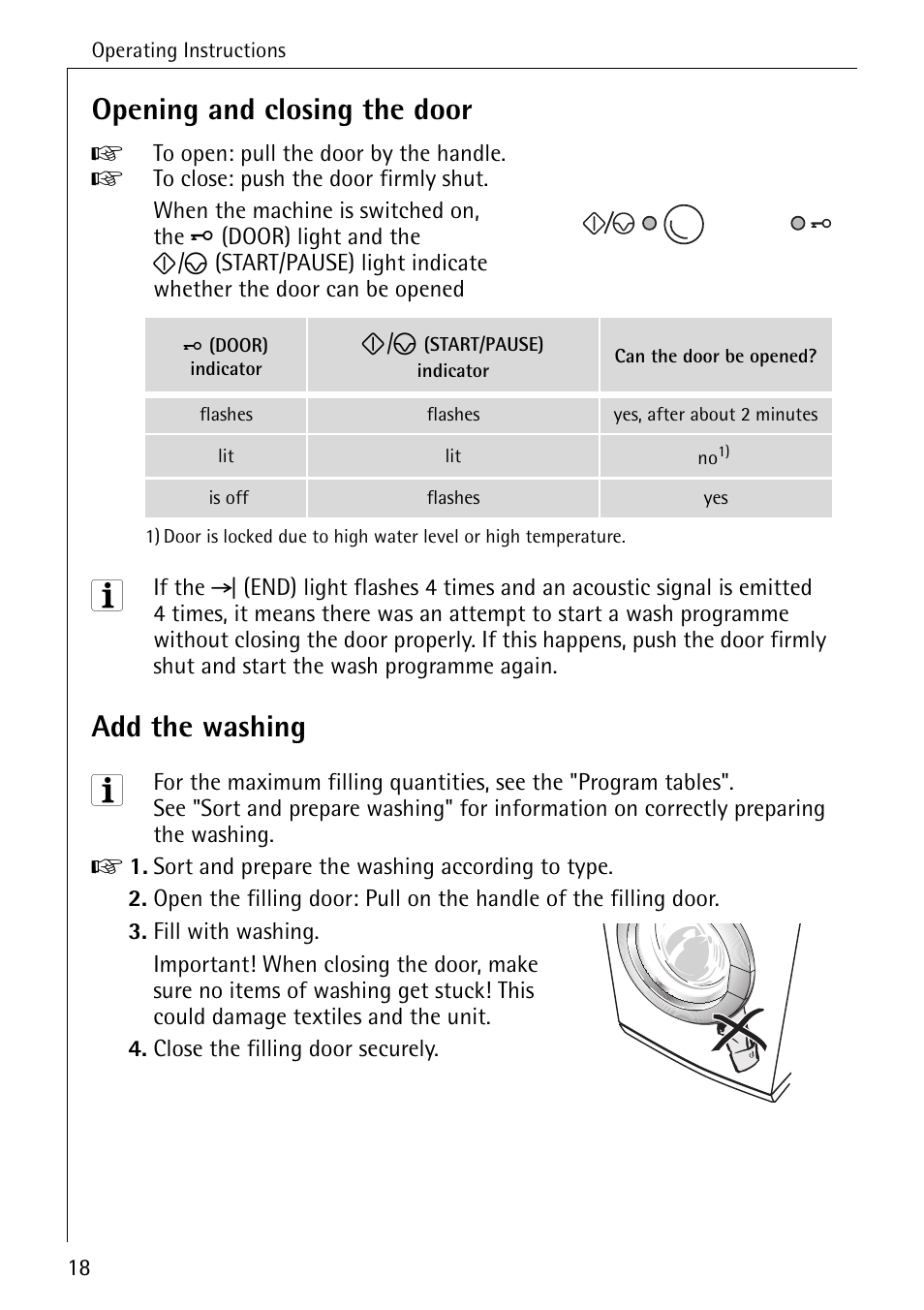 Opening and closing the door, Add the washing | AEG LAVAMAT W 857 User Manual | Page 18 / 52