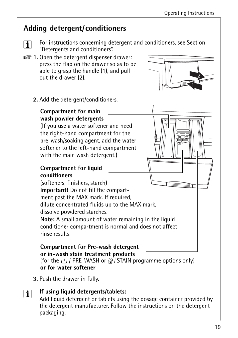 Adding detergent/conditioners | AEG LAVAMAT W 857 User Manual | Page 19 / 52