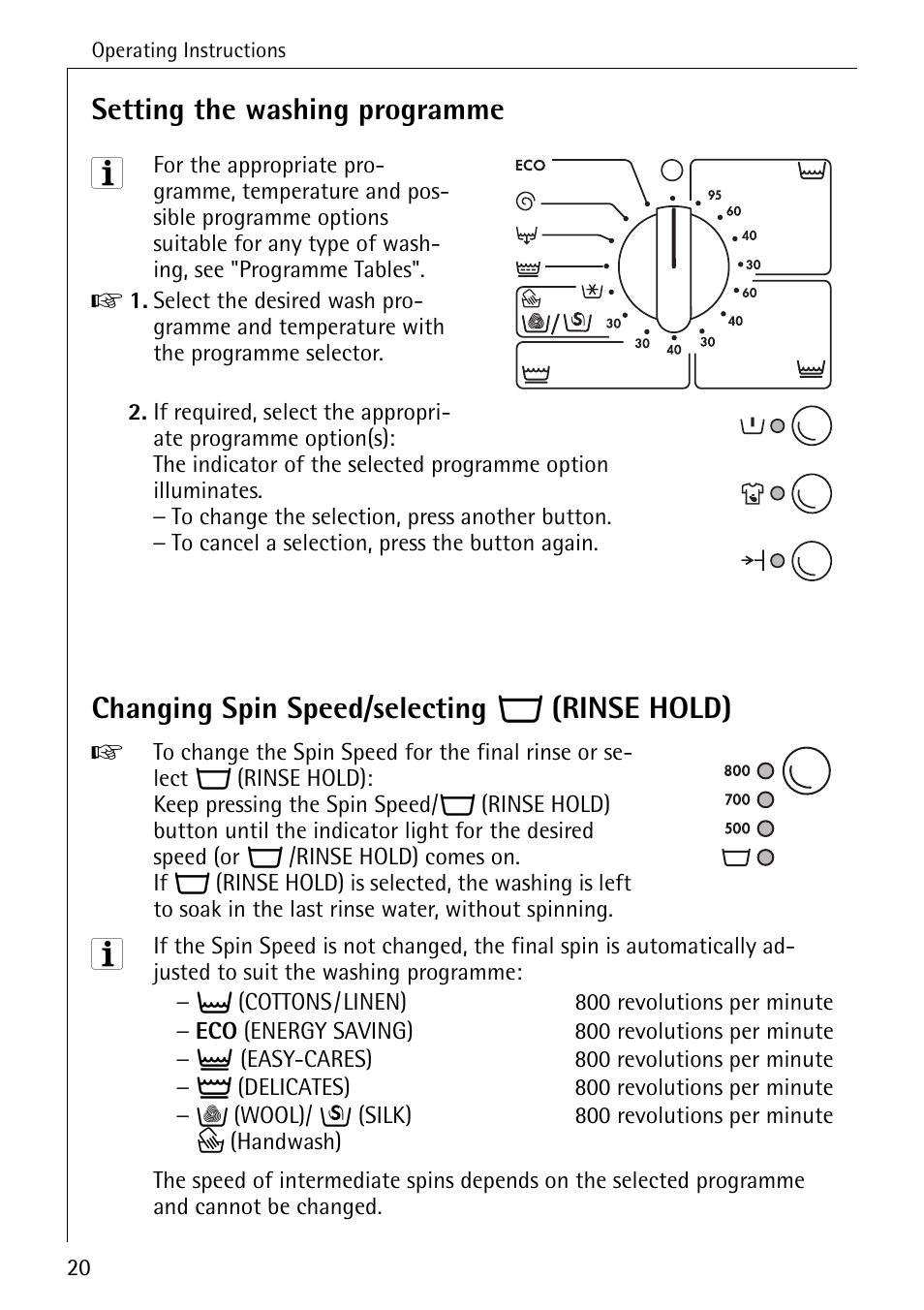 Setting the washing programme, Changing spin speed/selecting o (rinse hold) | AEG LAVAMAT W 857 User Manual | Page 20 / 52