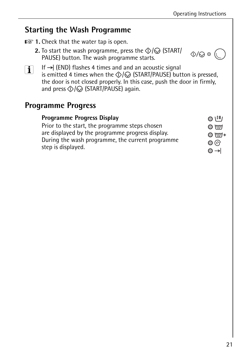 Starting the wash programme, Programme progress | AEG LAVAMAT W 857 User Manual | Page 21 / 52