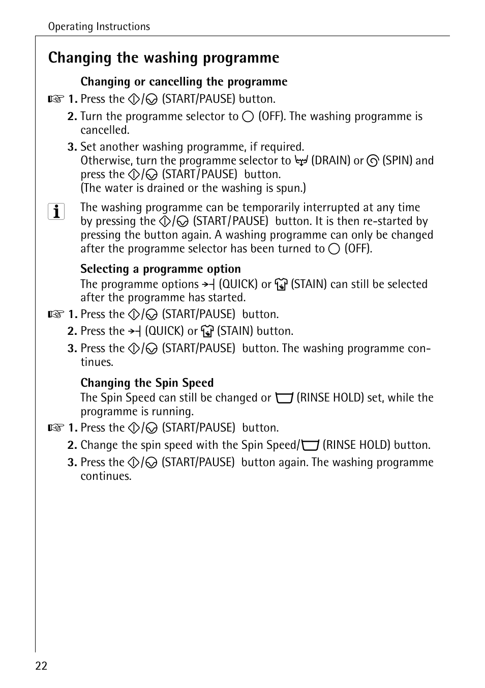 Changing the washing programme | AEG LAVAMAT W 857 User Manual | Page 22 / 52