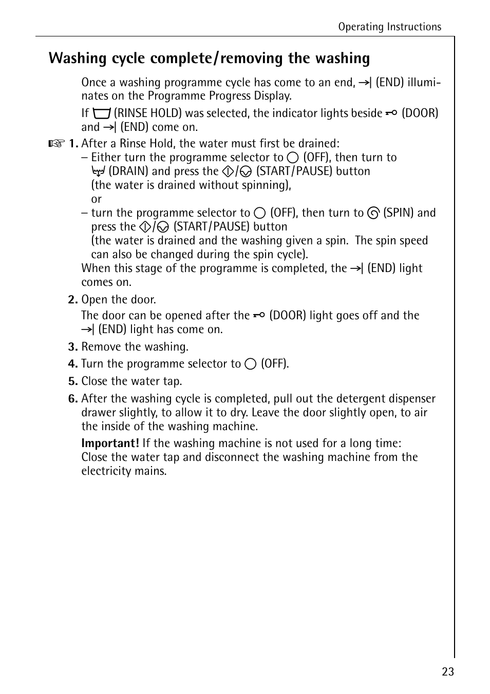 Washing cycle complete/removing the washing | AEG LAVAMAT W 857 User Manual | Page 23 / 52