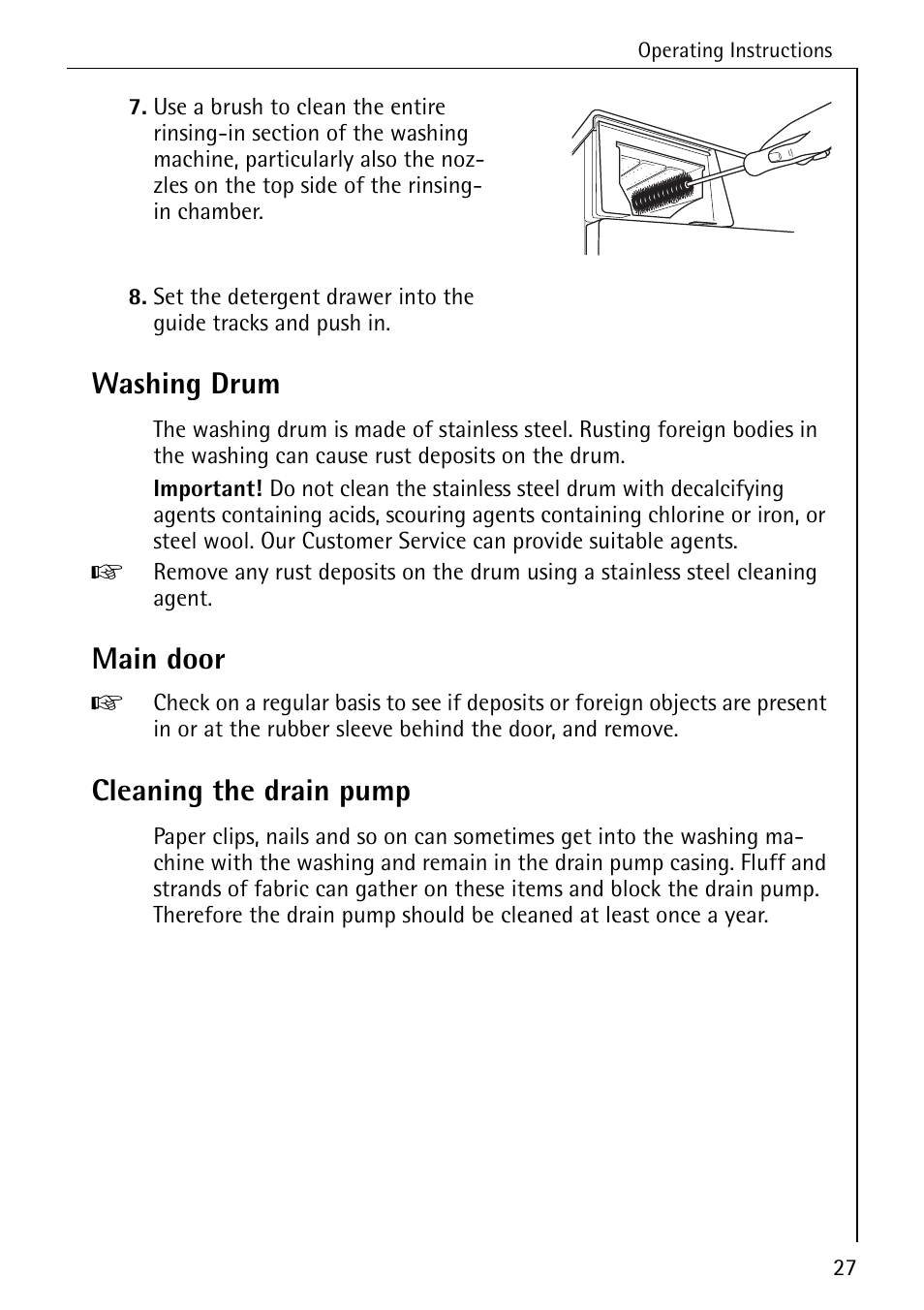 Washing drum, Main door, Cleaning the drain pump | AEG LAVAMAT W 857 User Manual | Page 27 / 52